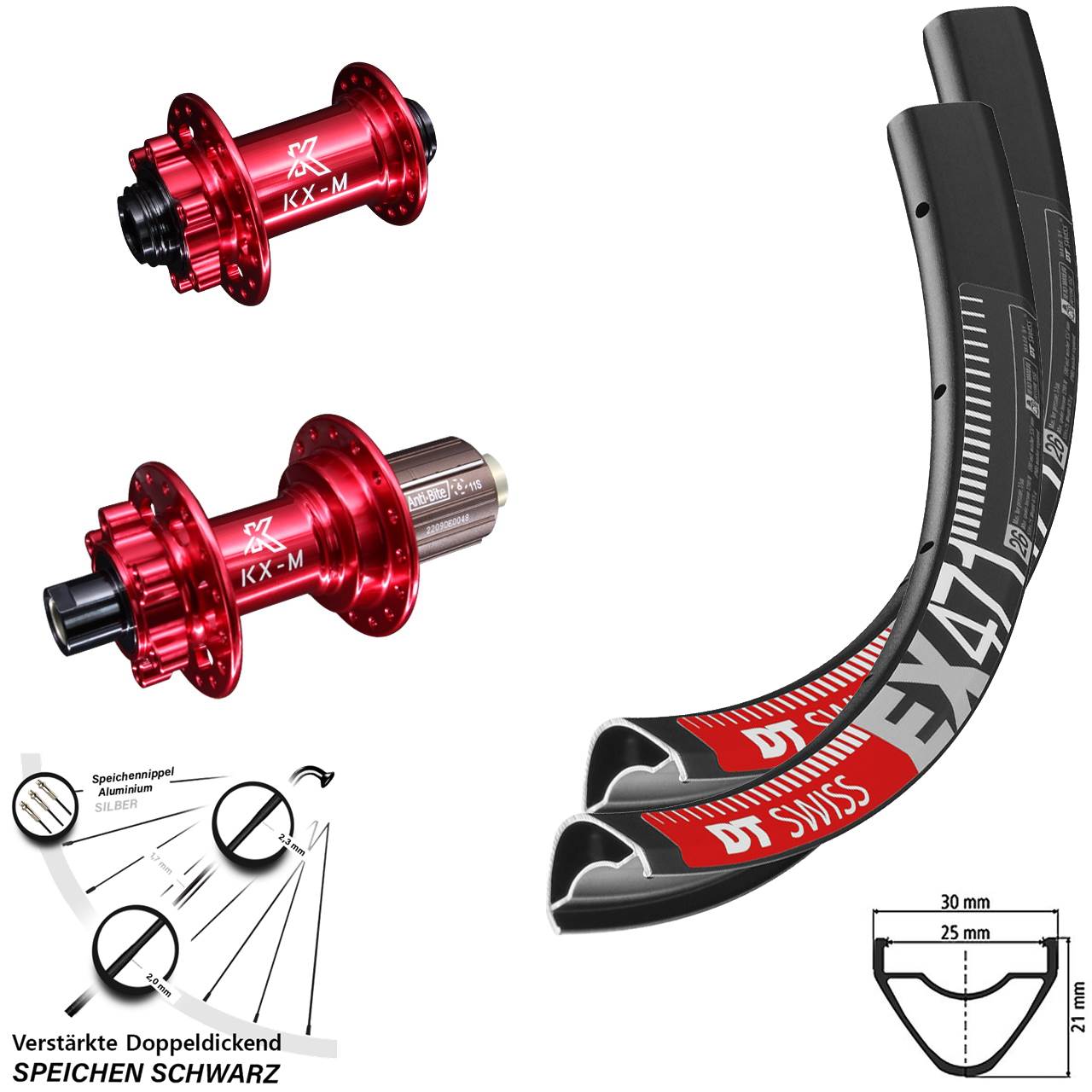 27,5 Zoll DT Swiss EX 471 KX-M rot 6-Loch Laufradsatz 12x100/142 8-12 fach HG