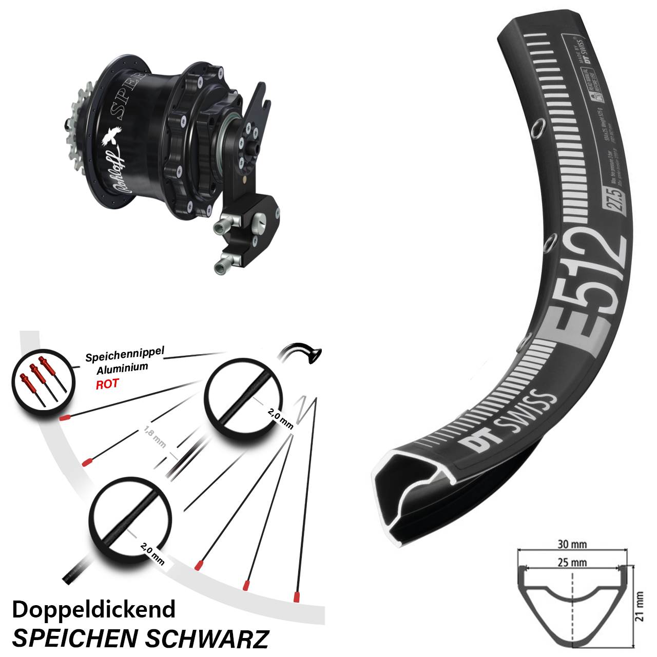 schwarzes 27,5 Zoll Laufrad DT Swiss E 512 mit Rohloff Speedhub CC OEM2 500/14