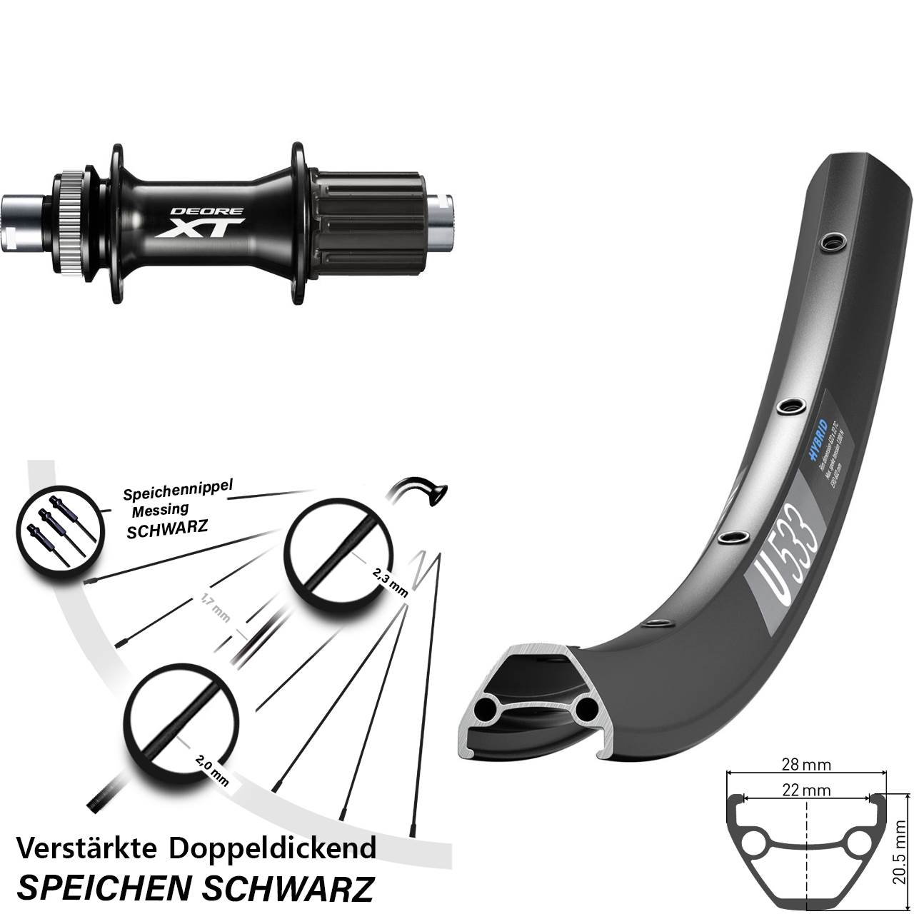 DT Swiss U533 Shimano XT 28 Zoll Centerlock Hinterrad 12x148 8-11 fach HG