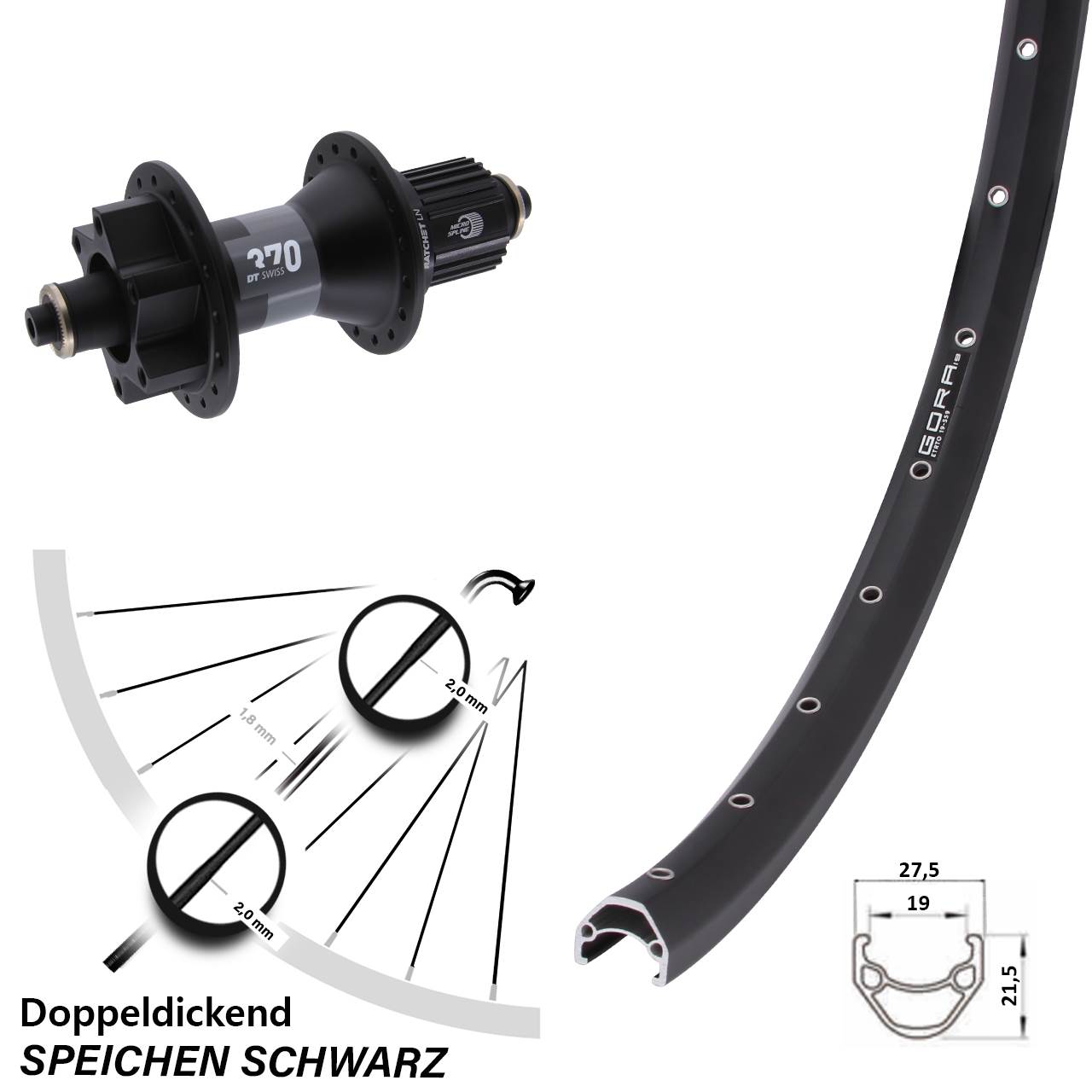 Hinterrad 6-Loch für Schnellspanner 28 Zoll Gora 19 DT Swiss 370 Shimano Micro Spline