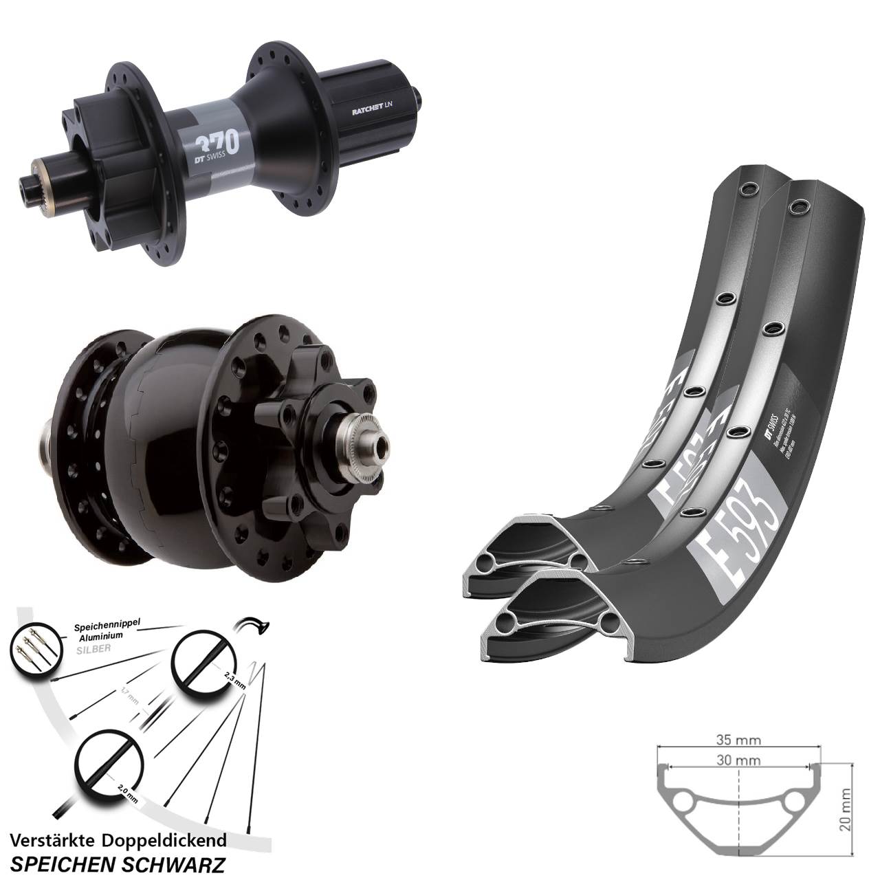 Laufradsatz 6-Loch für Schnellspanner 29 Zoll DT Swiss E593 370 SON 28 8-11 fach
