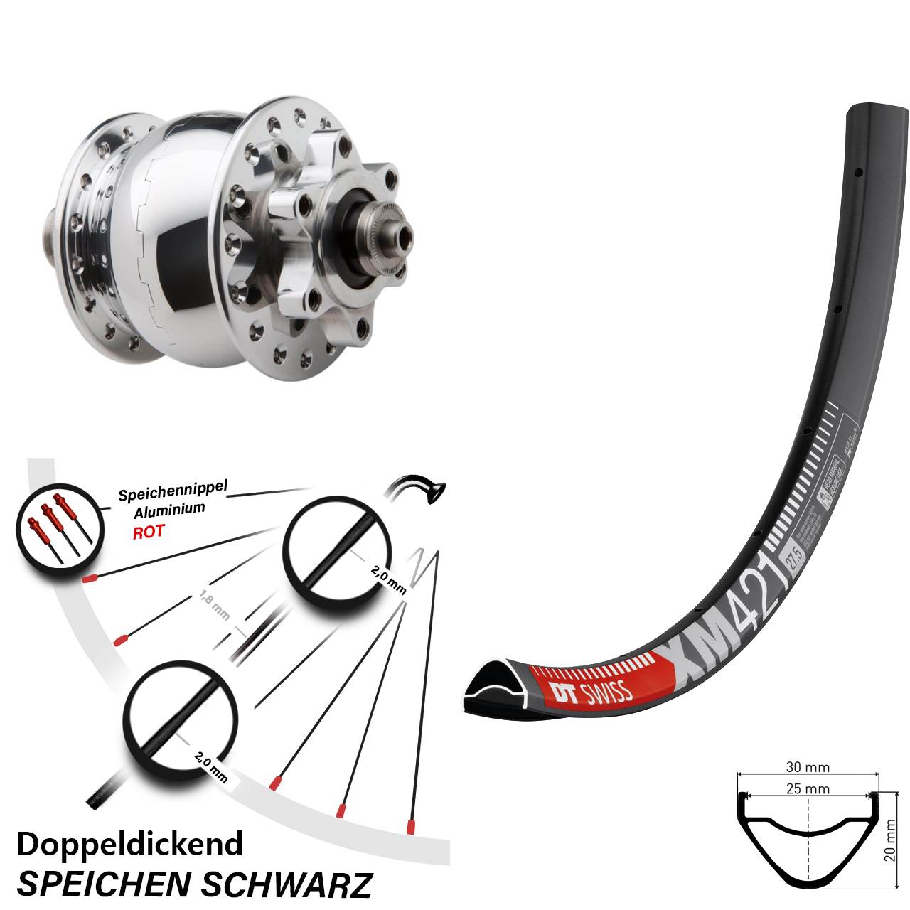 Disc Vorderrad mit Nabendynamo 650B DT Swiss XM 421 SON 28 für Schnellspanner