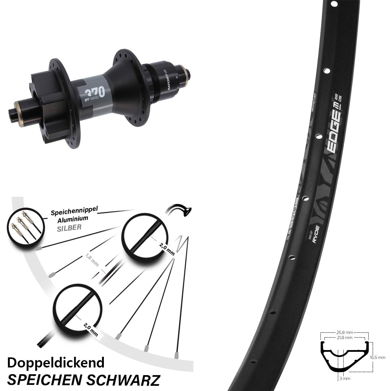 Ryde Edge M22 OS DT Swiss 370 29 Zoll 6-Loch Hinterrad QR XD
