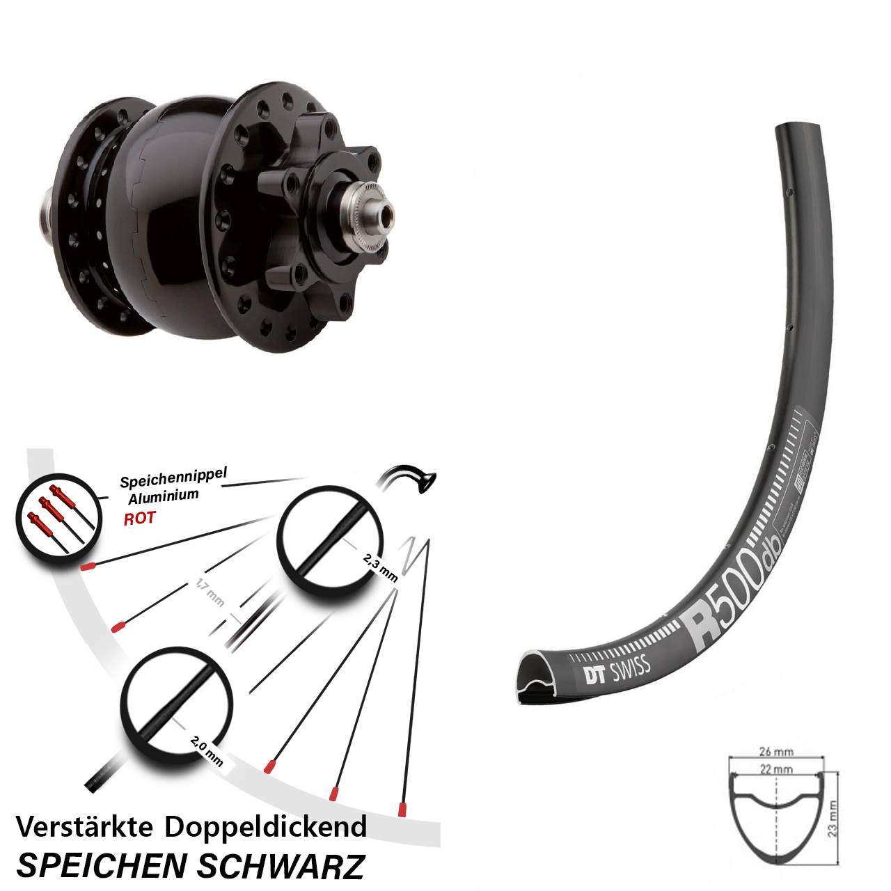 6-Loch Vorderrad mit Nabendynamo für Schnellspanner 29 Zoll DT Swiss R 500 SON 28