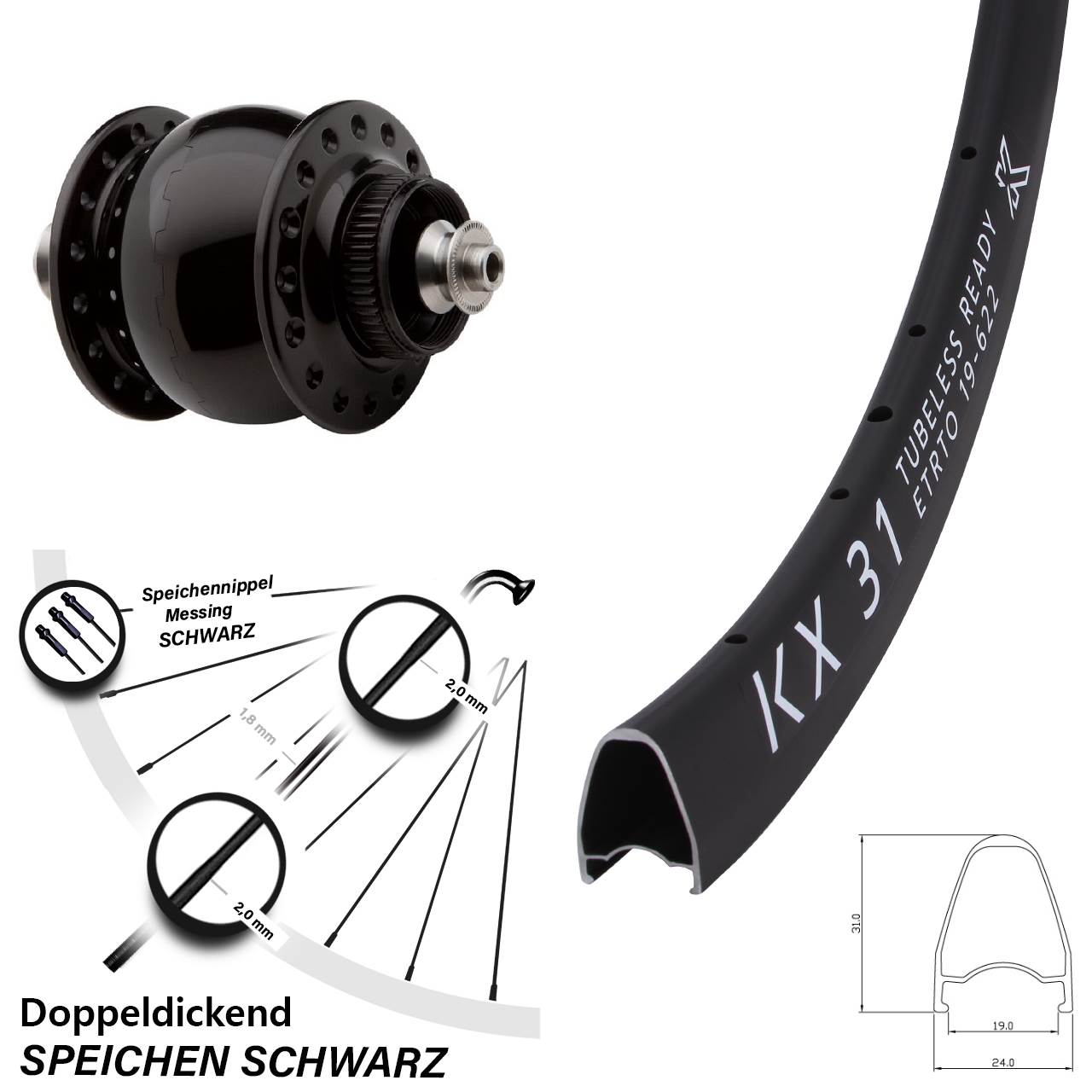 Nabendynamo-Vorderrad Centerlock 28 Zoll KX 31 SON 28 QR