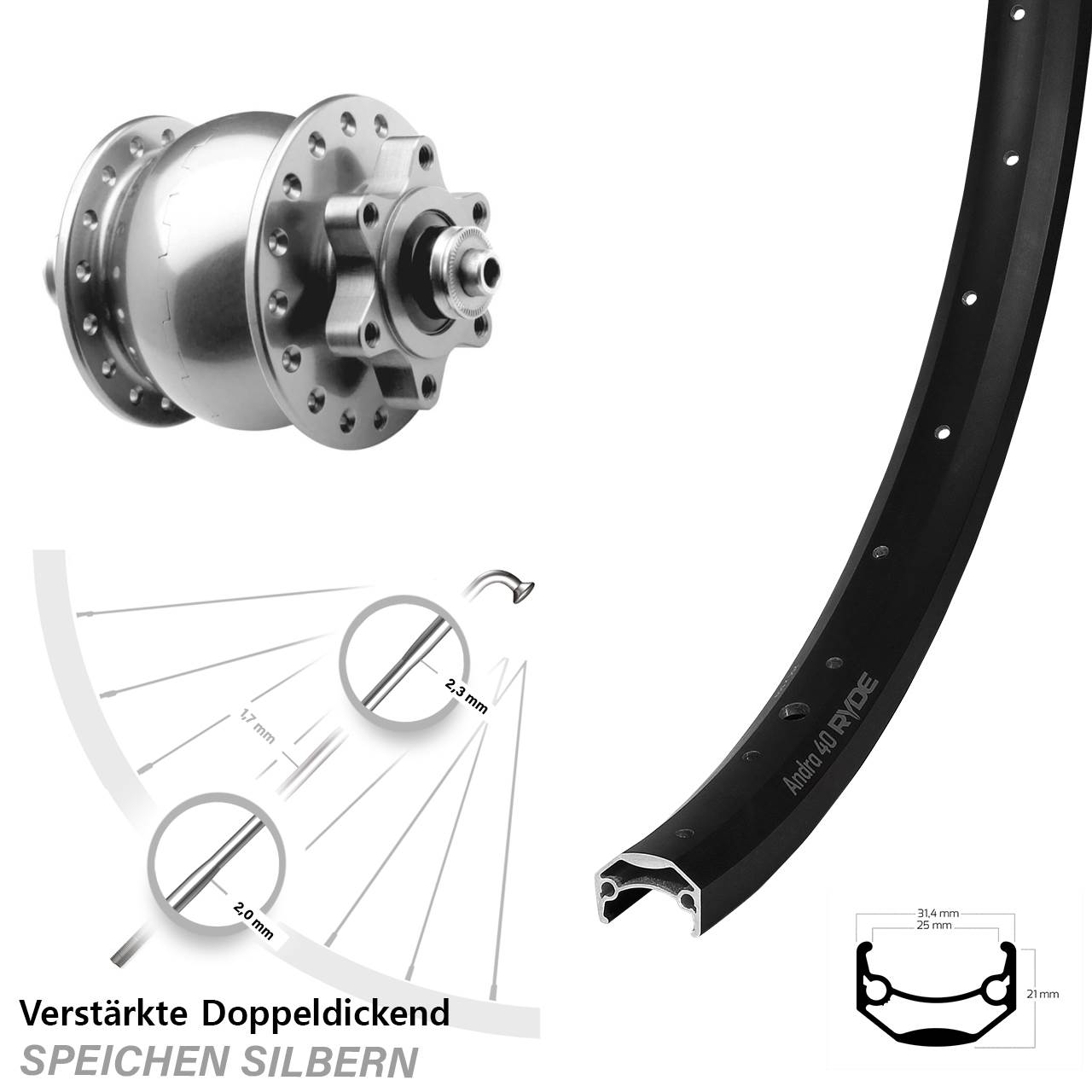 26 Zoll Vorderrad Ryde Andra 40 SON 28 Disc 6-Loch QR silbern