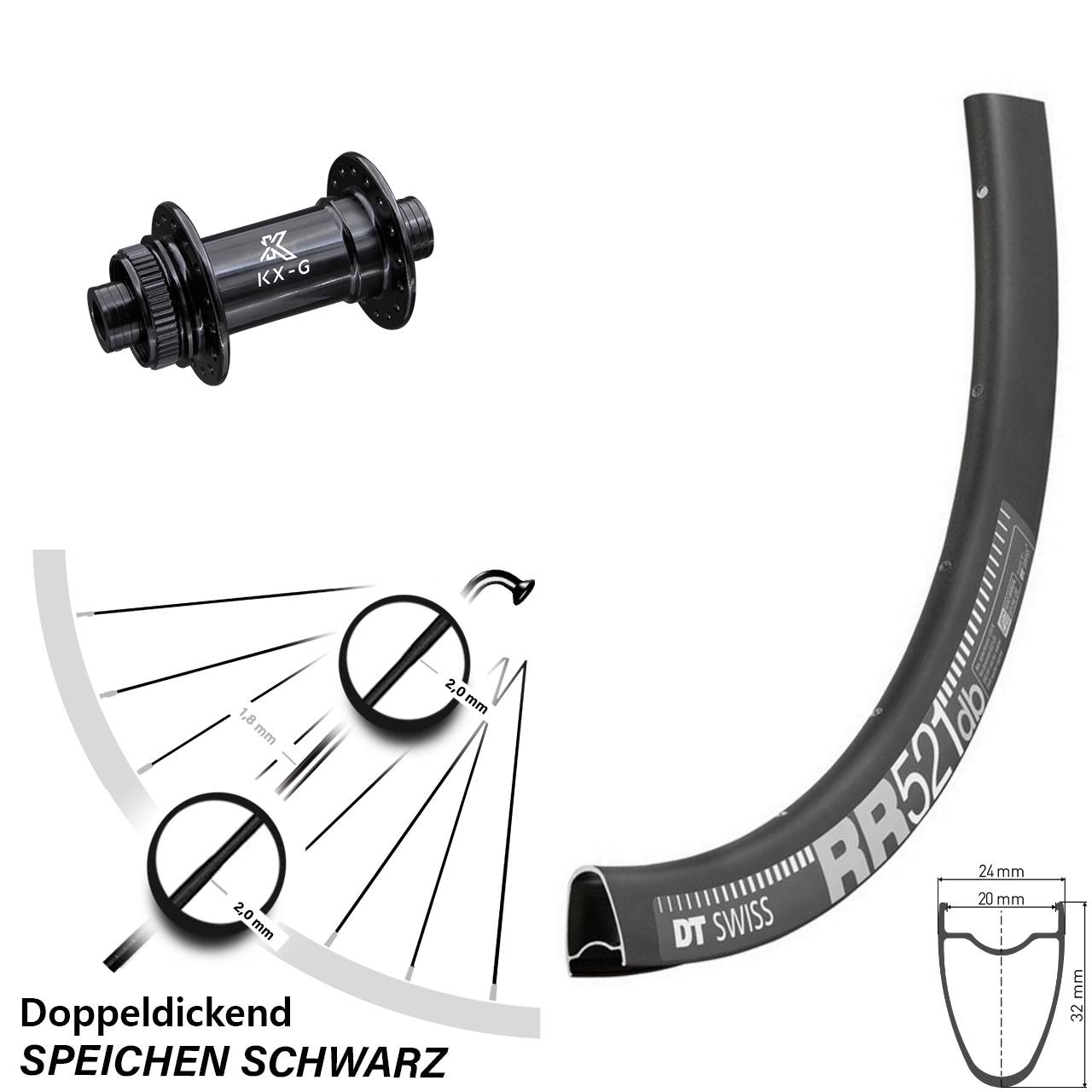 schwarzes 28 Zoll Vorderrad 24 Speichen DT Swiss RR 521 DB KX-G Centerlock Steckachse