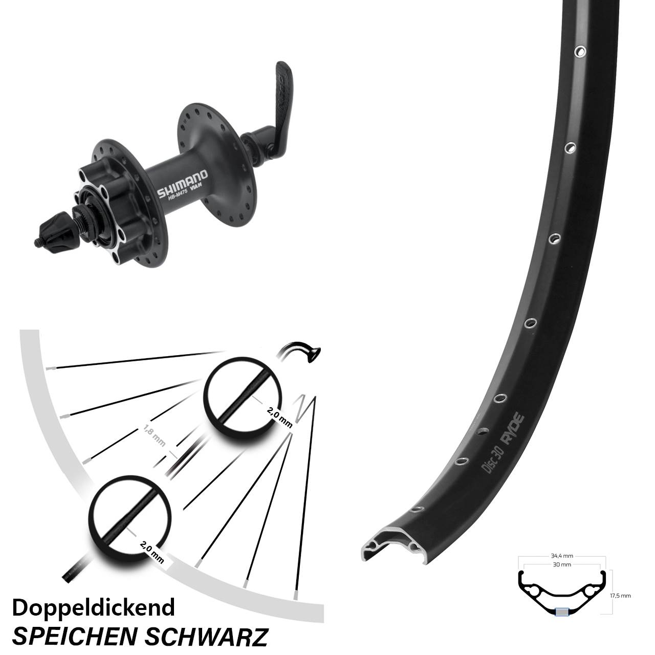 Vorderrad 29 Zoll Ryde Disc 30 Shimano HB-M475