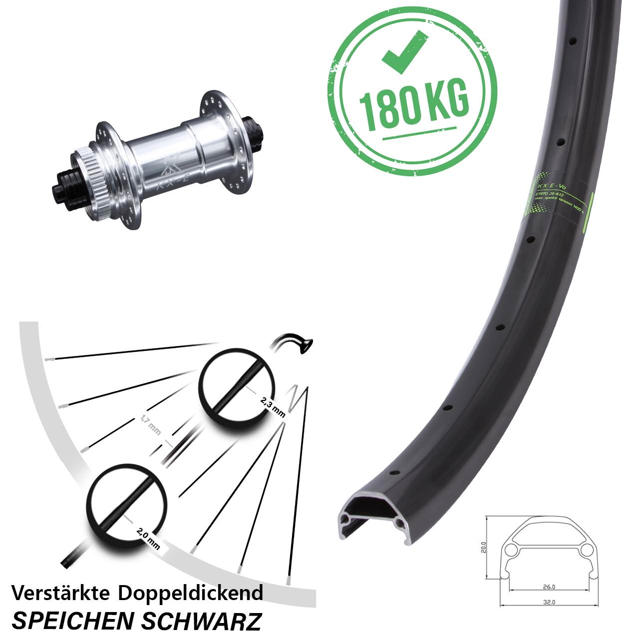 Vorderrad Centerlock für Schnellspanner 26 Zoll KX Evo E-Bike verstärkt