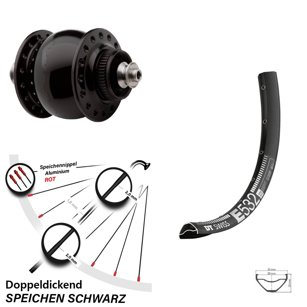 Nabendynamo-Vorderrad Centerlock 29 Zoll DT Swiss E532 SON 28 QR