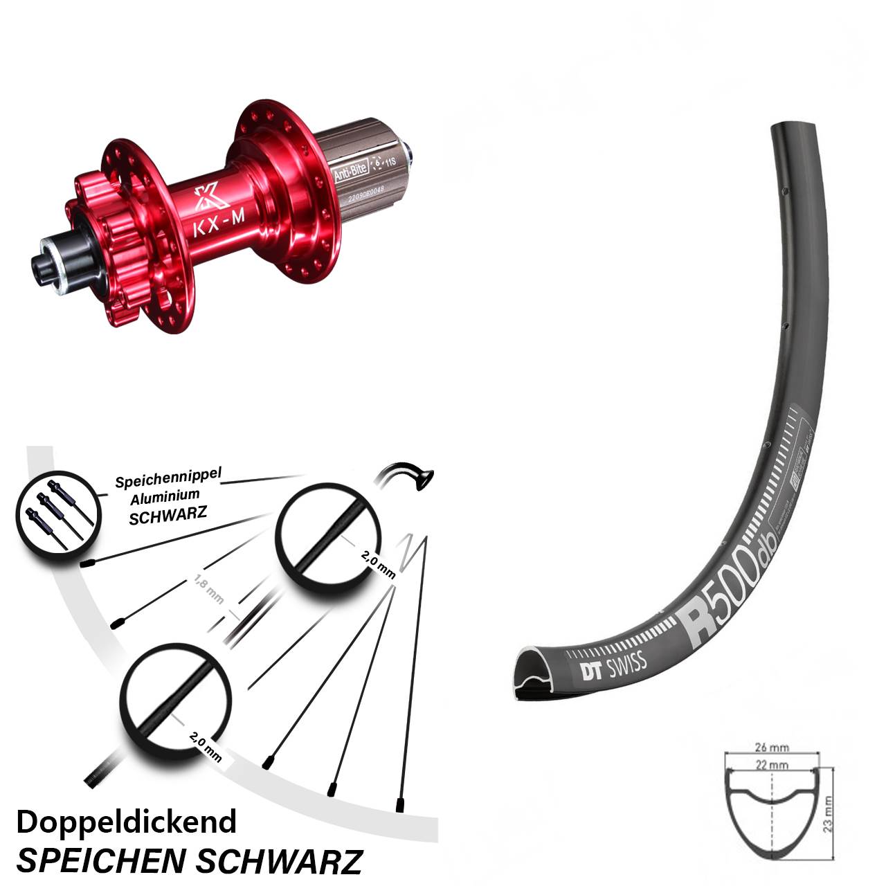 KX-M rot eloxiert 8-12 fach Schnellspanner DT Swiss R 500 Hinterrad 28 Zoll für 6-Loch