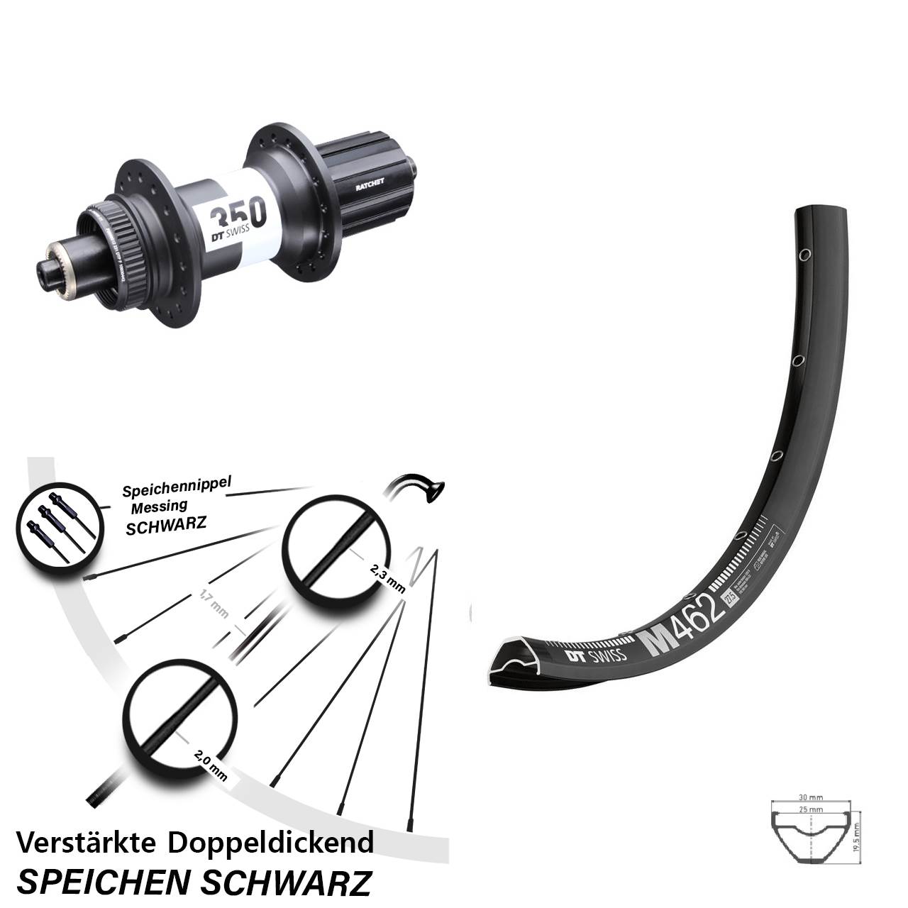 27,5 Zoll DT Swiss M462-350 Ratchet 36 Laufrad für Schnellsp. 8-11 fach HG