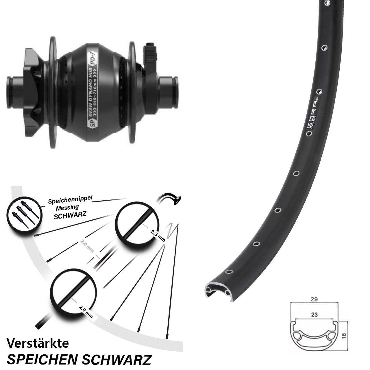 Nabendynamovorderrad Centerlock 12x100 29 Zoll Shutter PD-7 Gora 23