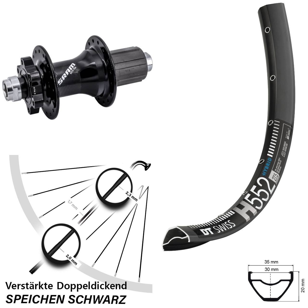 27,5 Zoll DT Swiss H552 Sram 746 Disc Laufrad 12x148 8-11 fach