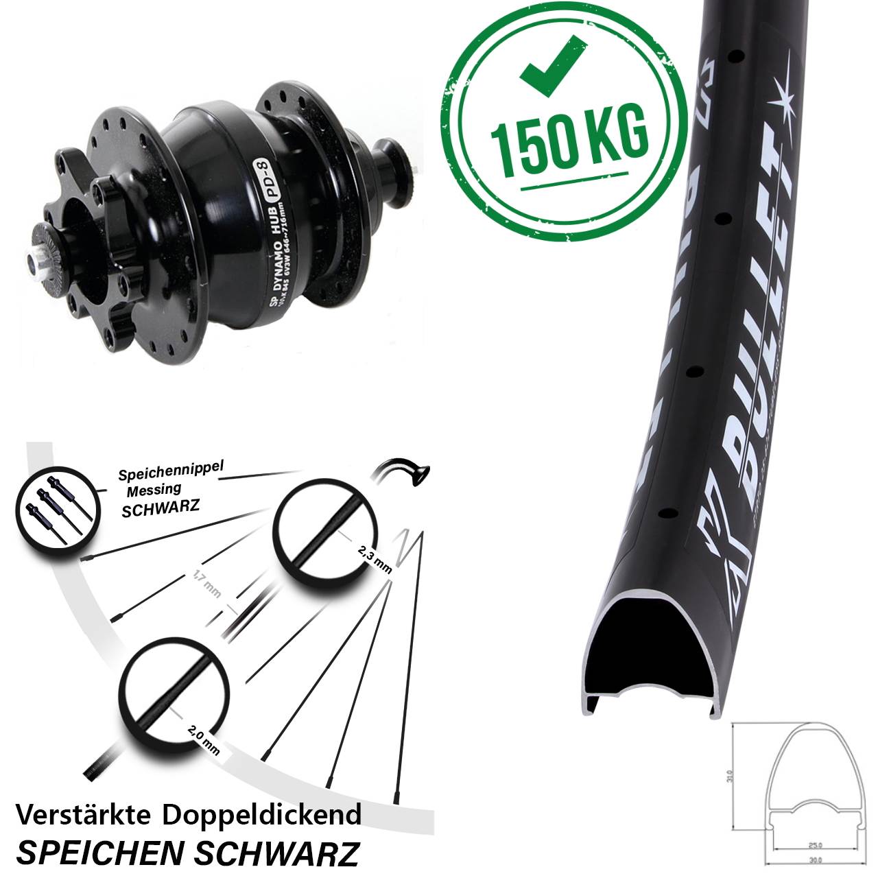 KX Bullet Shutter PD-8 28-29 Zoll Disc Laufrad mit Nabendynamo für Schnellspanner