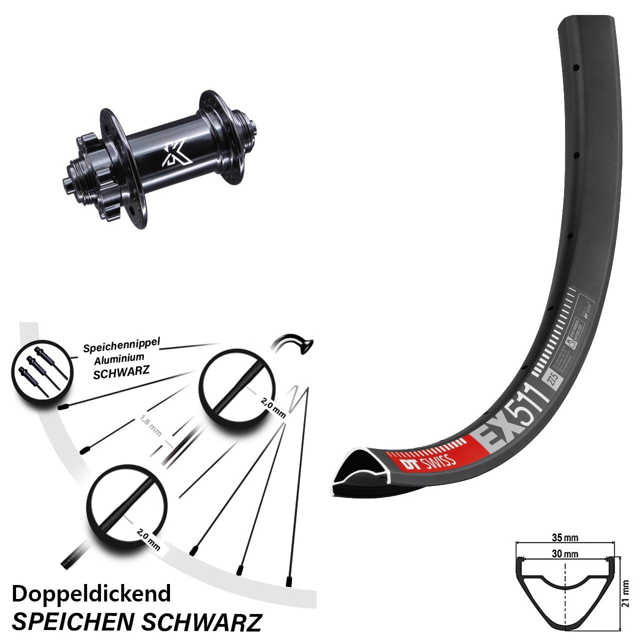 KX-M 6-Loch Disc 5x100 mm DT Swiss EX 511 Vorderrad 29 Zoll Enduro MTB Schnellspanner