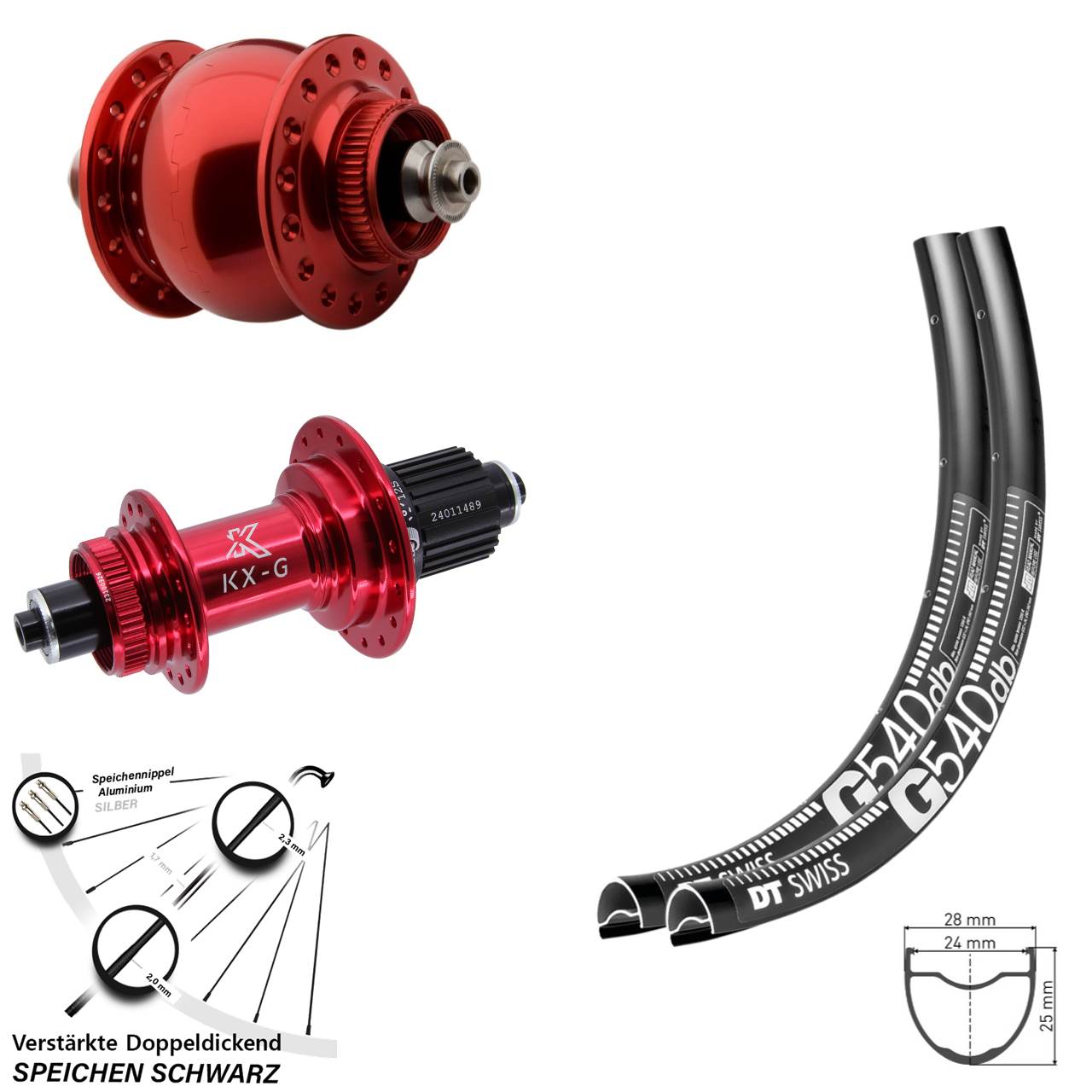 28 Zoll DT Swiss G540 KX-G SON delux rot Centerlock Laufradsatz QR Micro Spline