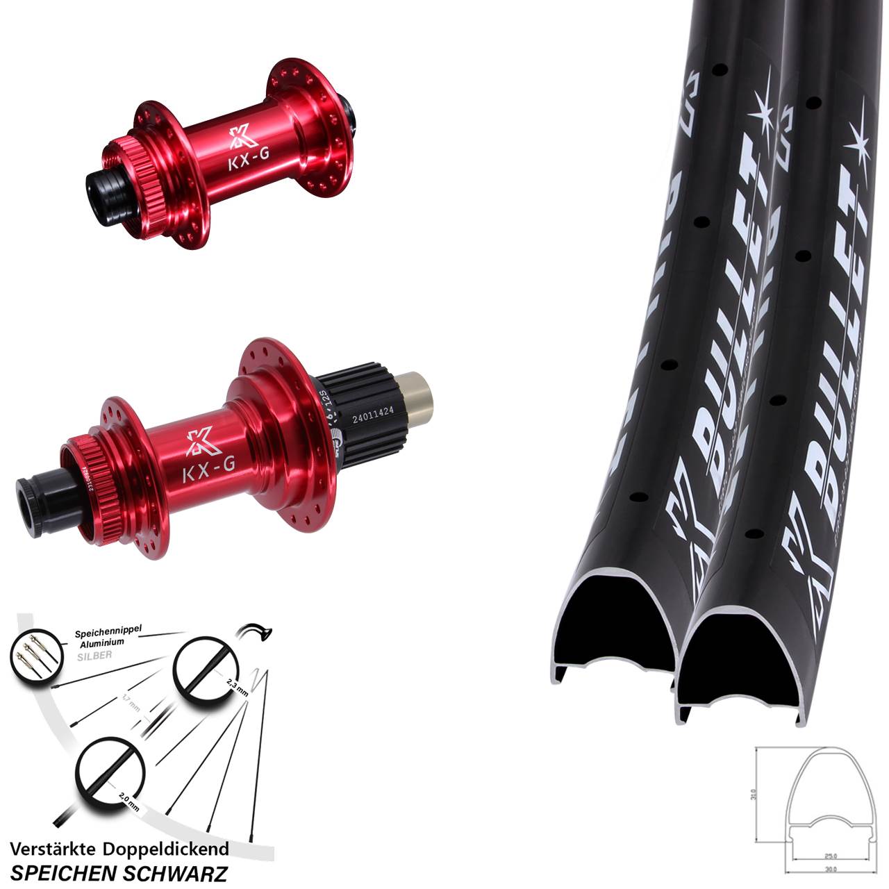 Disc Laufradsatz 29 Zoll KX-G Bullet rot Shimano Micro Spline 15x100 12x142