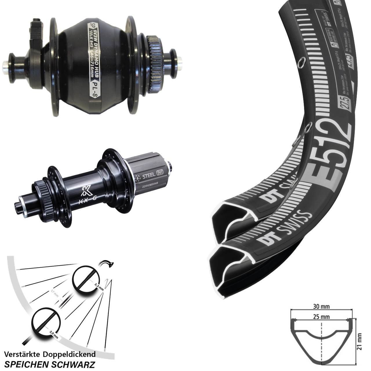 Laufradsatz für Schnellspanner 27,5 Zoll DT Swiss E512 KX-GS Shutter PL-8 8-12 fach HG