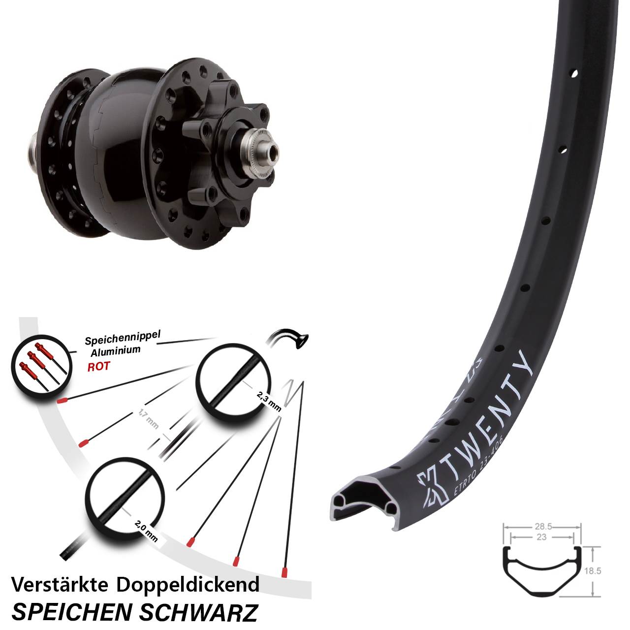 Vorderrad Nabendynamo SON 28 schwarz KX Twenty 20 Zoll 6-Loch verstärkt