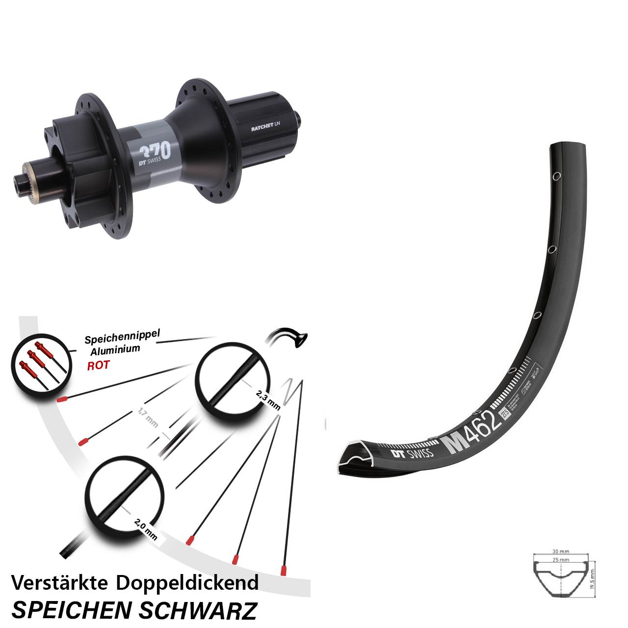 6-Loch 27,5 Zoll Hinterrad für Schnellspanner DT Swiss M 462-370 8-11 fach HG