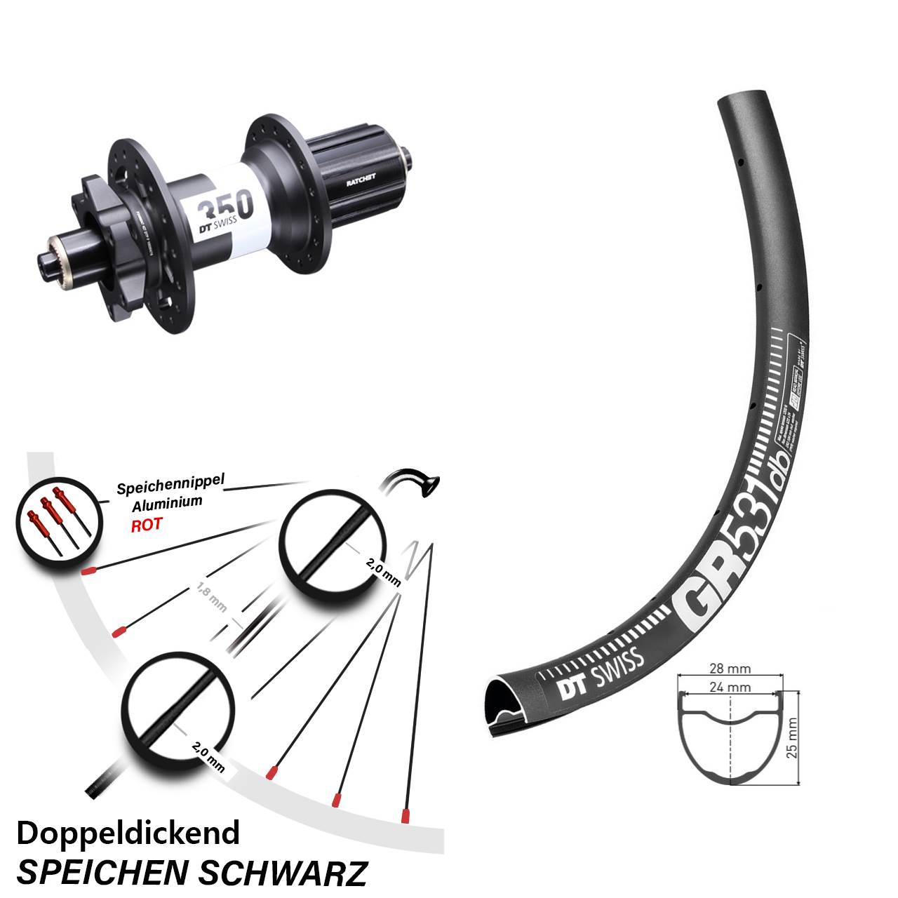 28-29 Zoll DT Swiss GR531-350 Ratchet 36 Disc Hinterrad 8-11 fach