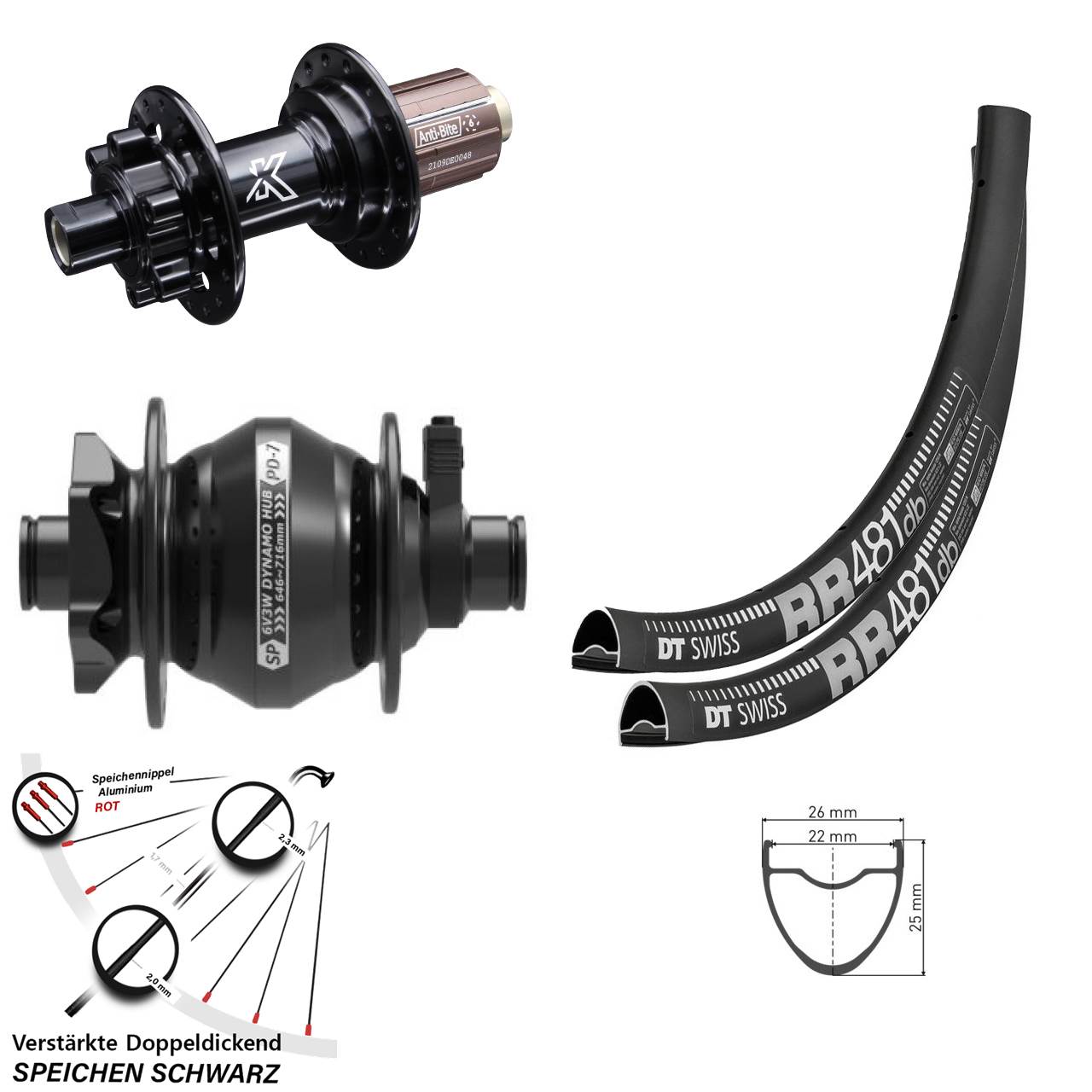 28 Zoll DT Swiss RR481 KX-M Shimano SP PD-7 Disc Laufradsatz 12x100/142 8-12 fach
