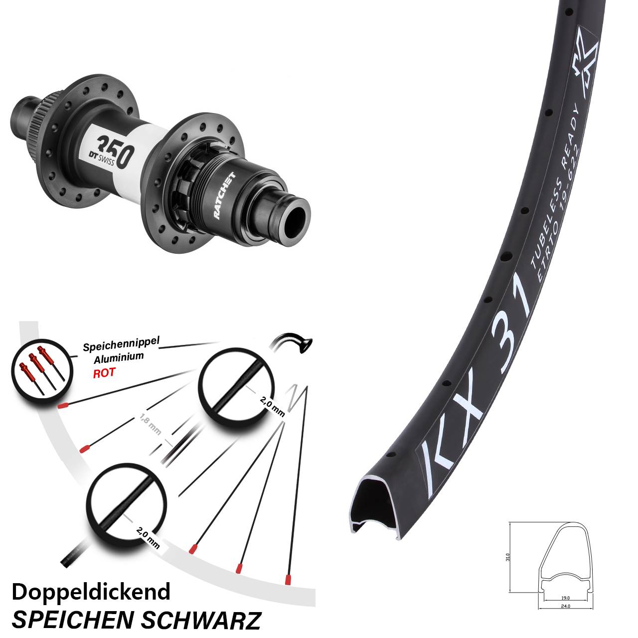 Hinterrad Centerlock 28 Zoll KX 31 Offset DT Swiss 350 XDR 12x142