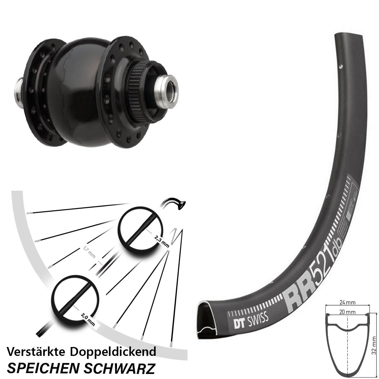 28 Zoll DT Swiss RR 521 Vorderrad Son Nabendynamo 28-12 Centerlock