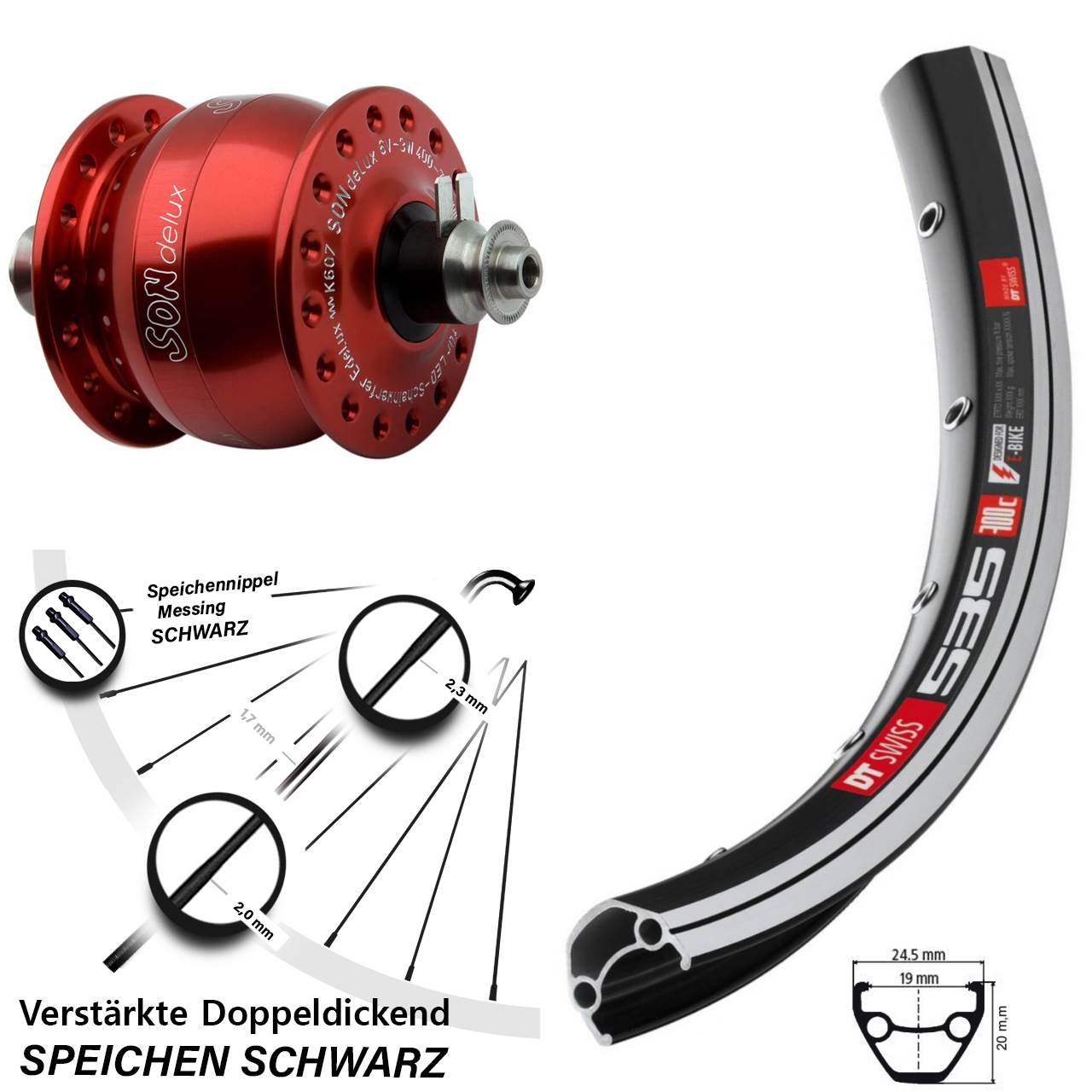 26 Zoll DT Swiss 535 SON delux rot Dynamo-Vorderrad für Schnellspanner