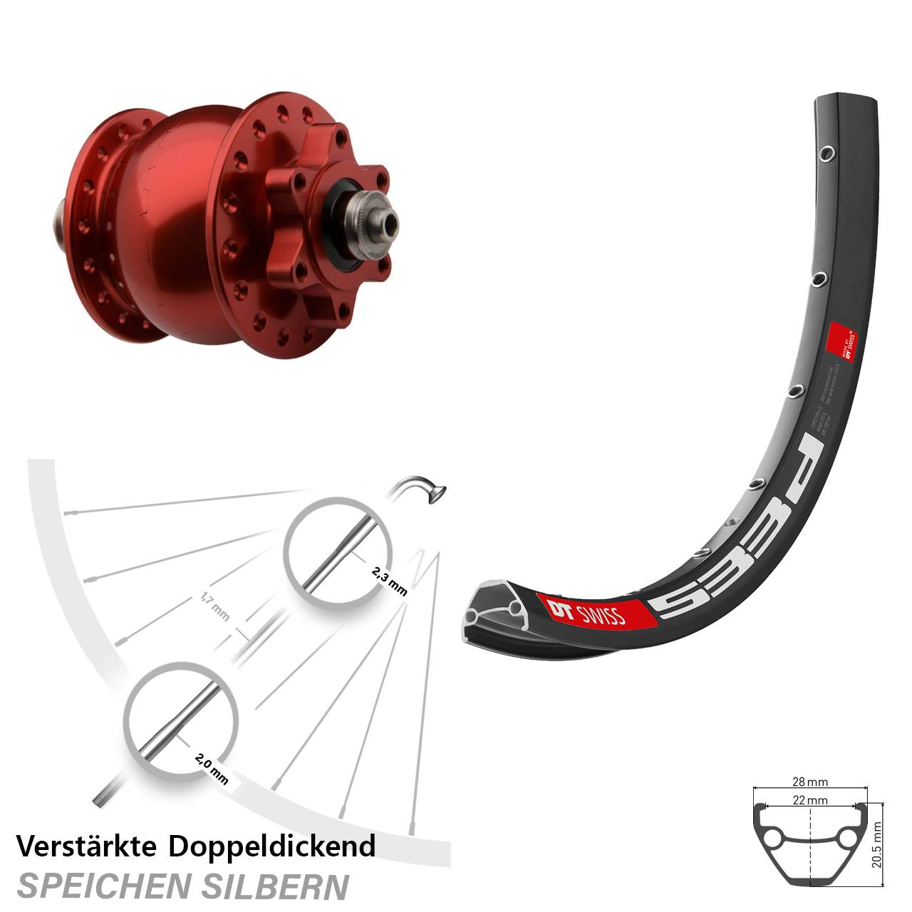 DT Swiss 533 D roter SON 28 Zoll Disc Vorderrad mit Nabendynamo QR