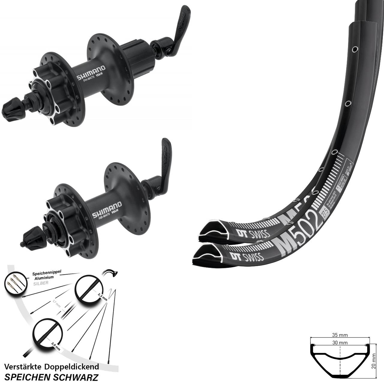 29 Zoll DT Swiss M502 Shimano HB-M475 FH-M475 Disc Laufrad-Satz QR 8-11 fach