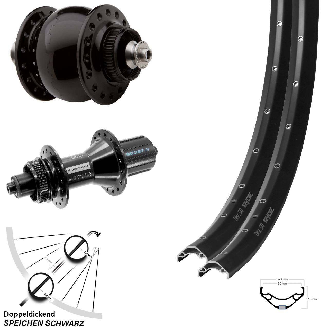Disc Laufrad-Satz QR 29 Zoll Ryde Disc 30 DT Swiss 370 Hybrid SON 28 8-11 fach HG