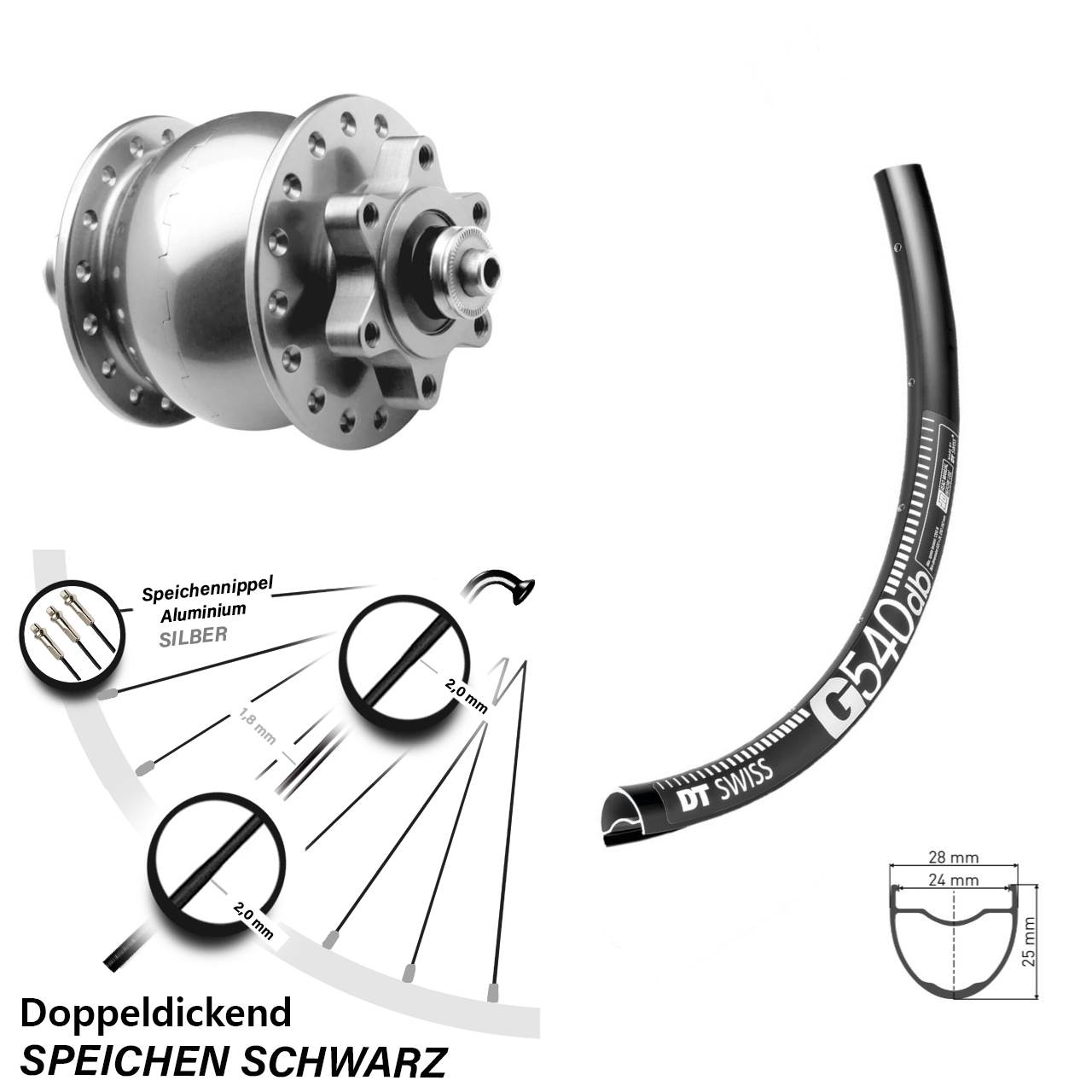 Disc Laufrad mit Nabendynamo 27,5 Zoll DT Swiss G540 SON 28 für Schnellspanner