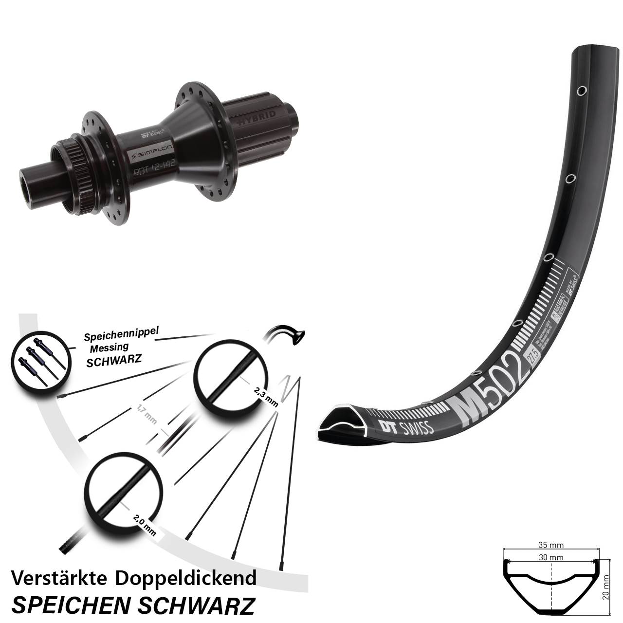 27,5 Zoll DT Swiss M502-370 Hybrid Centerlock Hinterrad 12x142 8-11 fach