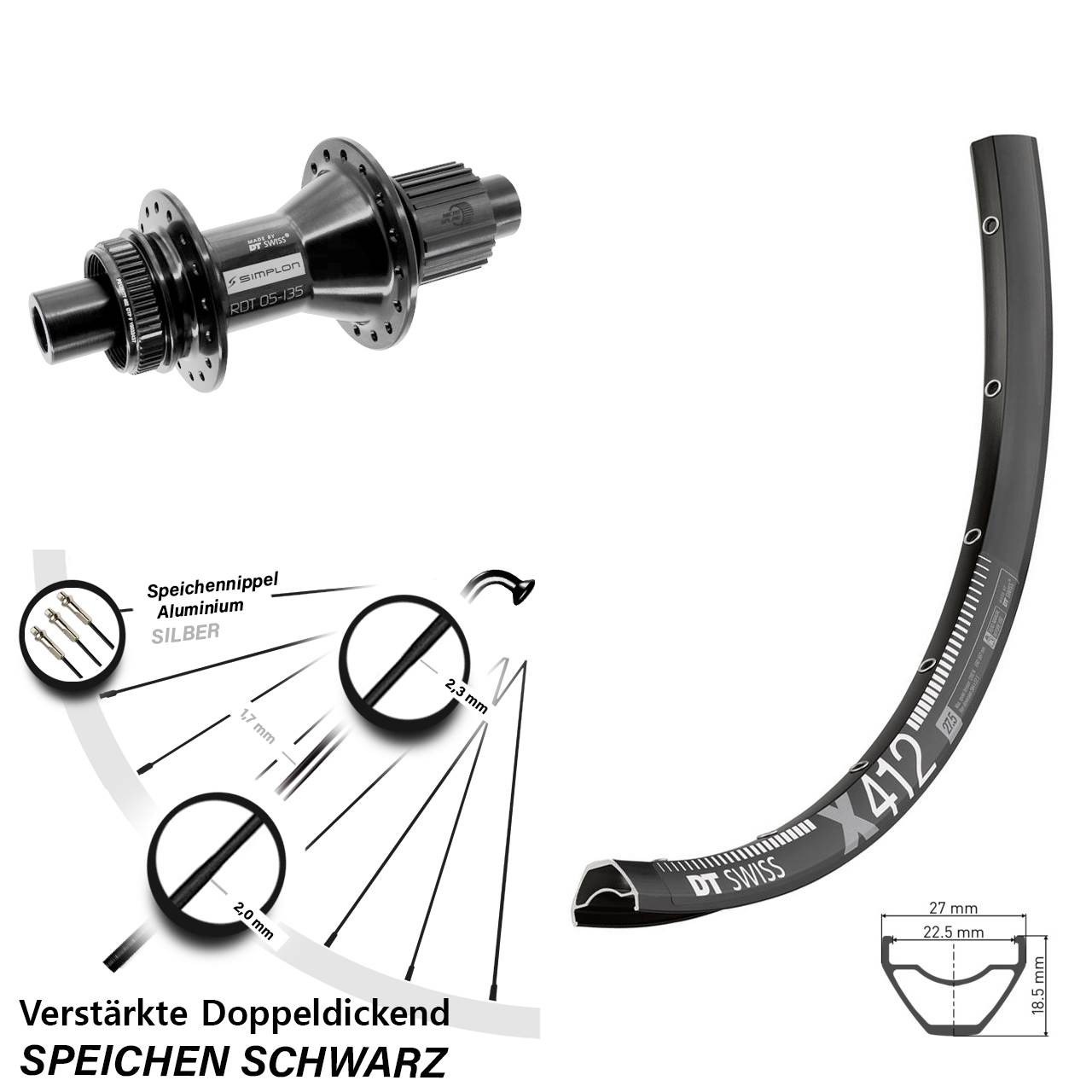29 Zoll DT Swiss X412 DT Swiss 370 Hybrid Hinterrad Centerlock 12x142 Micro Spline