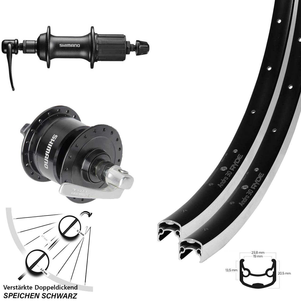 Laufrad-Satz QR 28 Zoll Ryde Andra 30 Shimano DH-3N72 FH-T3000 8-11 fach