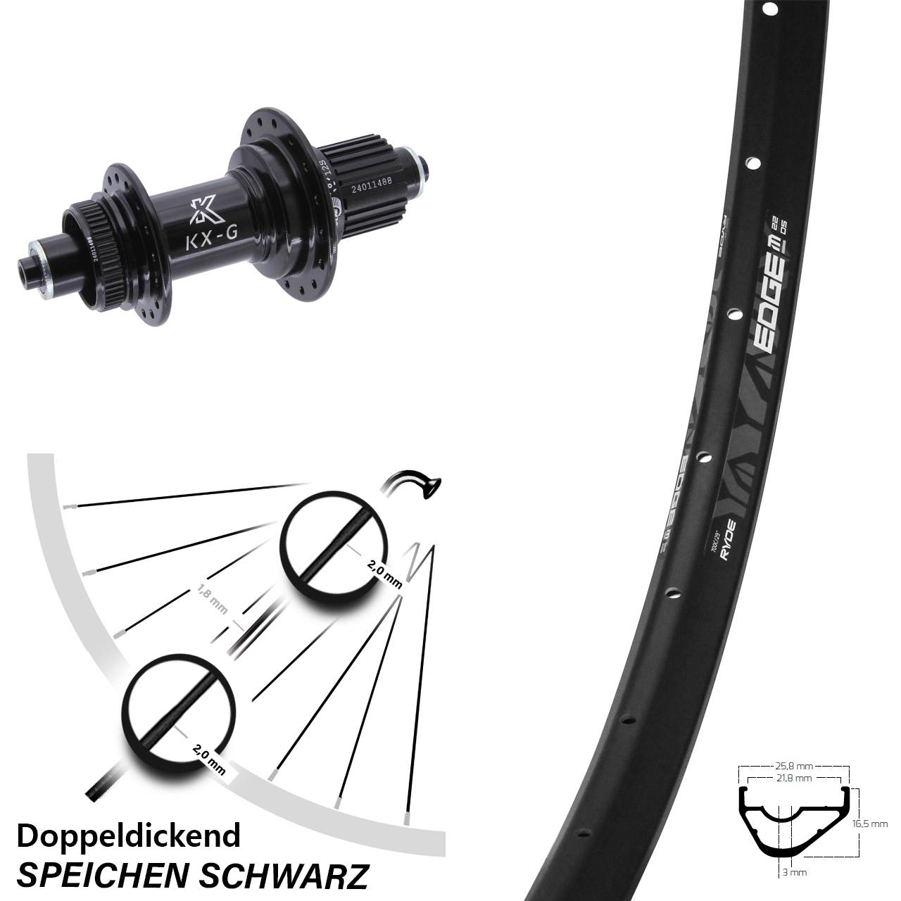 Ryde Edge M22 28 Zoll Hinterrad KX-G Micro Spline