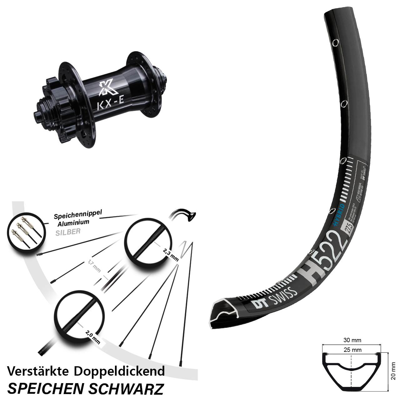 29 Zoll Vorderrad DT Swiss H 522 mit KX-E Disc 5x100 mm verstärkt 4 Industrielager