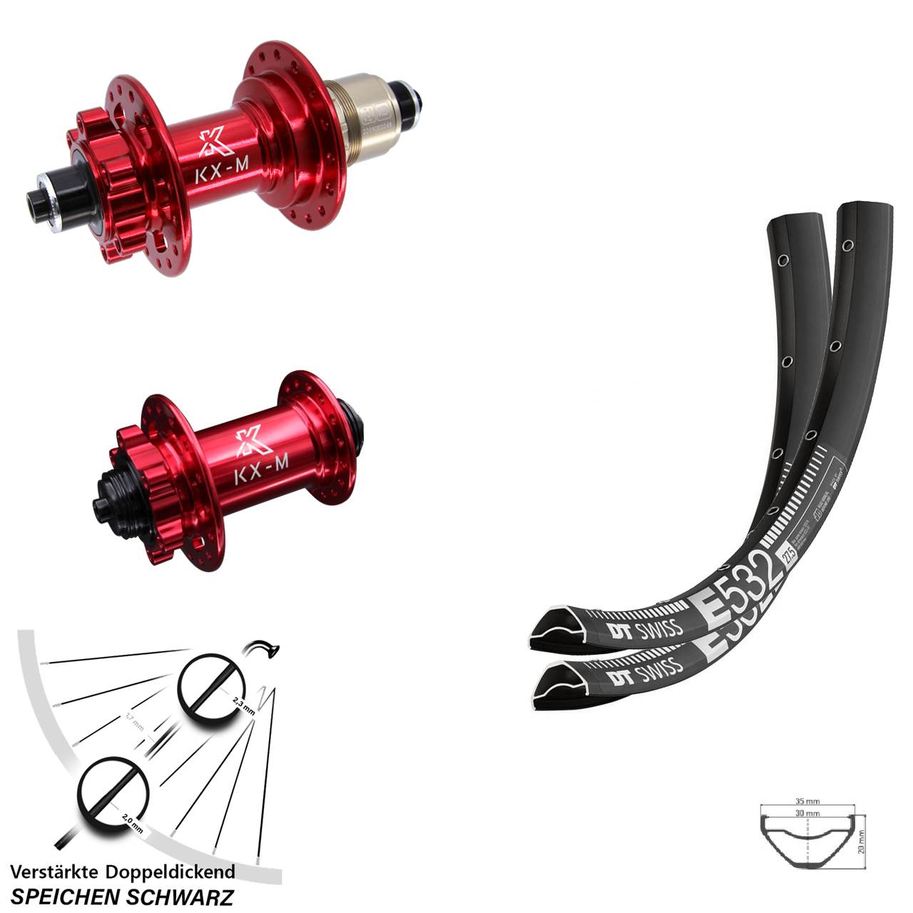 27,5 Zoll DT Swiss E 532 KX-M rot Disc Laufrad-Satz für Schnellspanner XD 11-12 fach