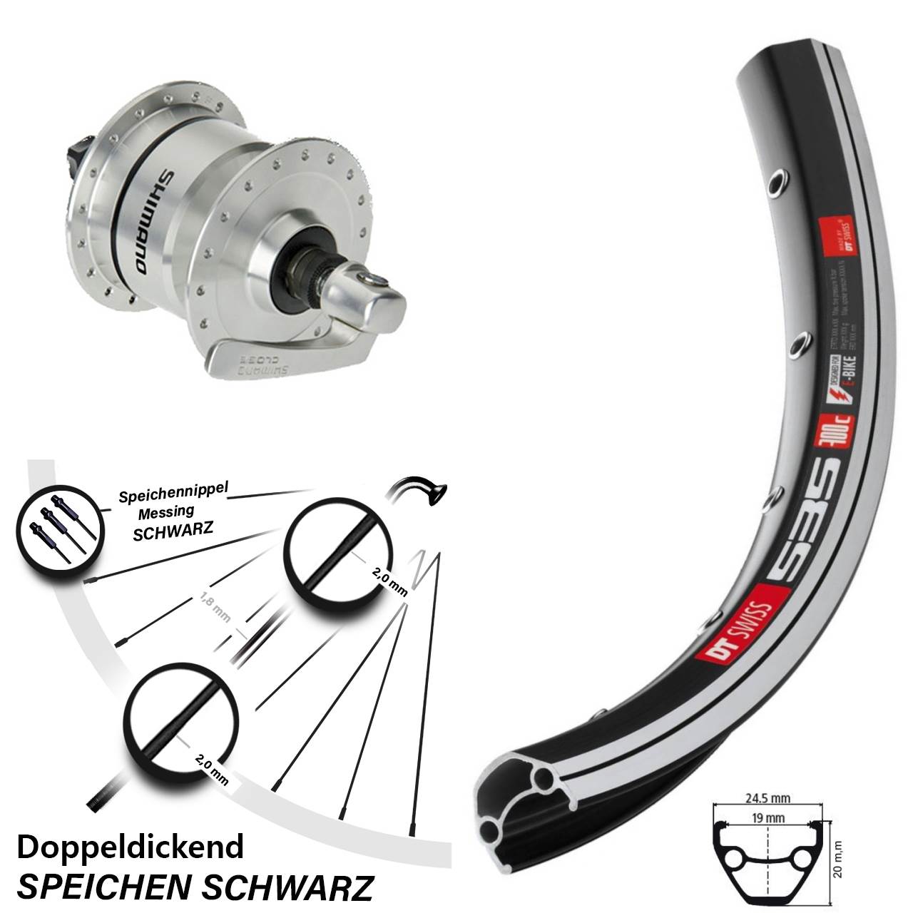 Vorderrad mit Nabendynamo 26 Zoll DT Swiss 535 Shimano DH3N72 für Schnellspanner
