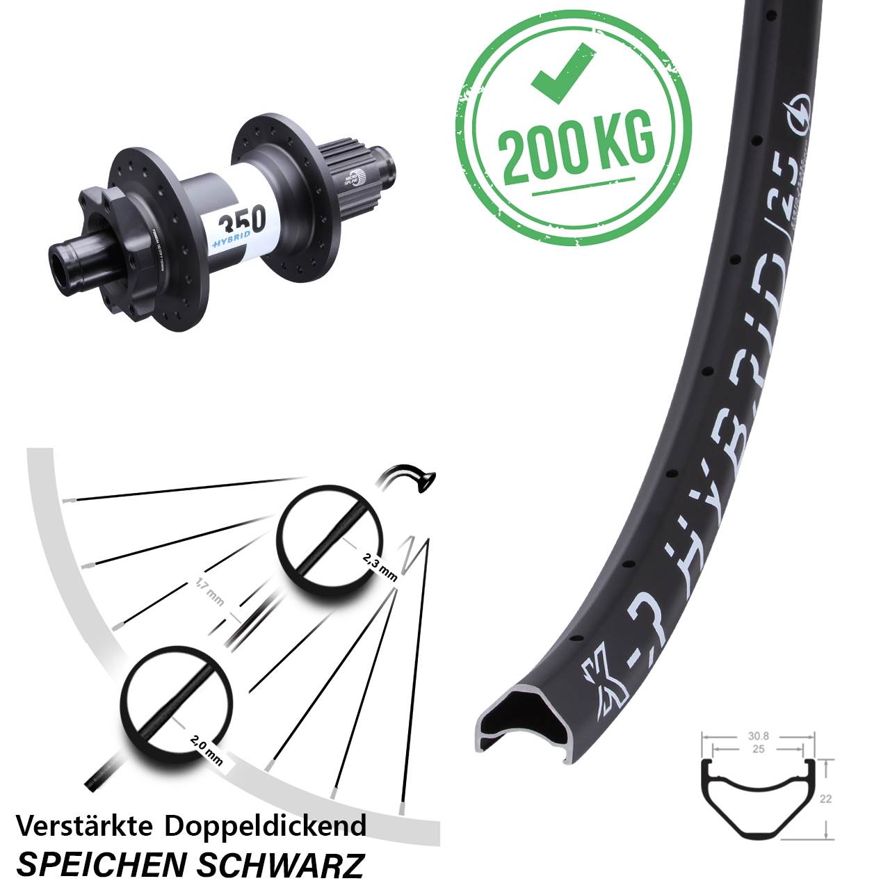 26 Zoll DT Swiss 350 KX-R Hybrid 25 Disc Hinterrad 12x148 Boost Shimano Micro Spline