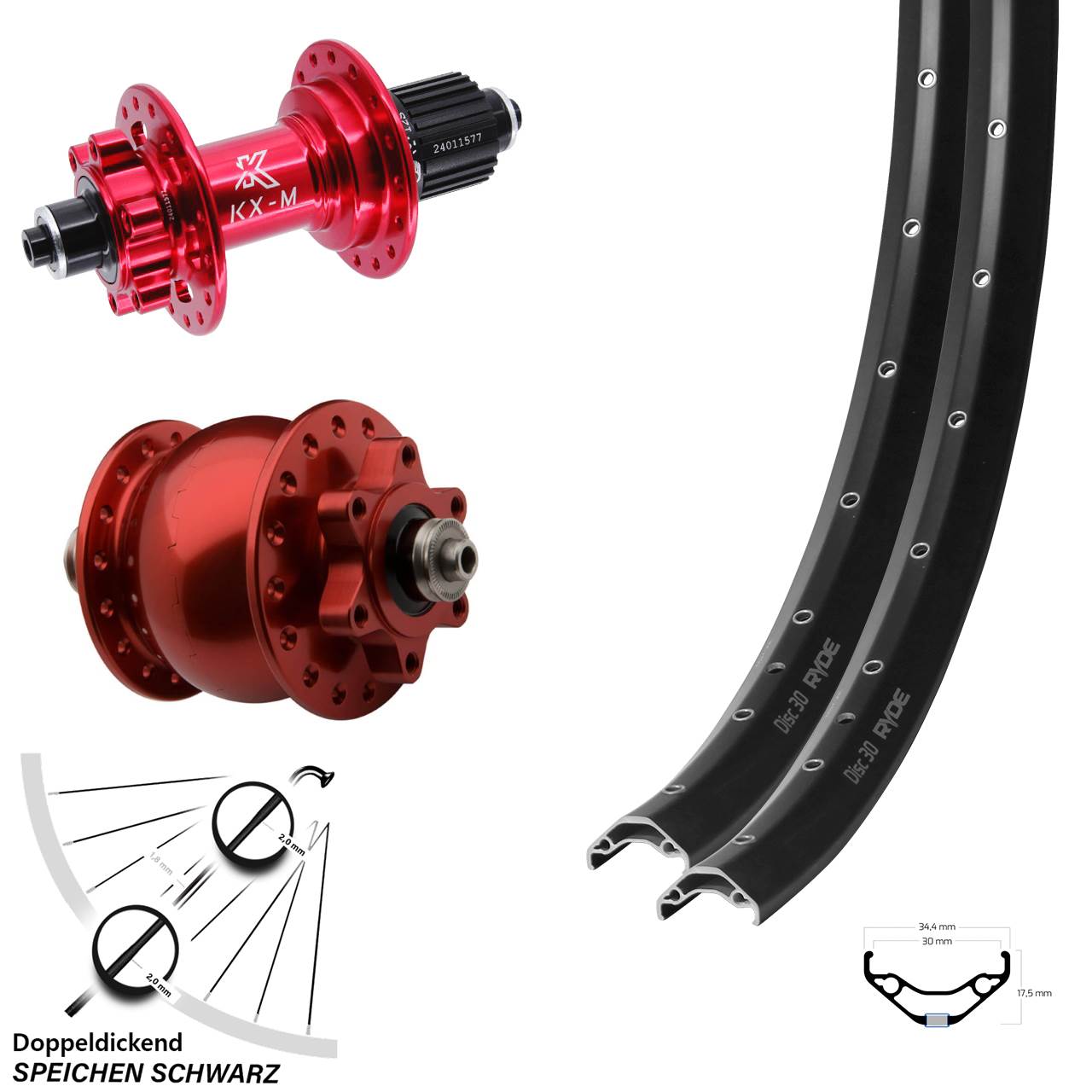 29 Zoll Ryde Disc 30 KX-M rot SON 28 Laufrad-Satz QR Micro Spline