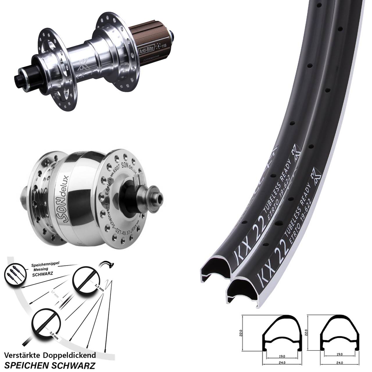 Laufradsatz 28 Zoll KX 22 OS KX-T SON delux 8-12 fach für Schnellspanner