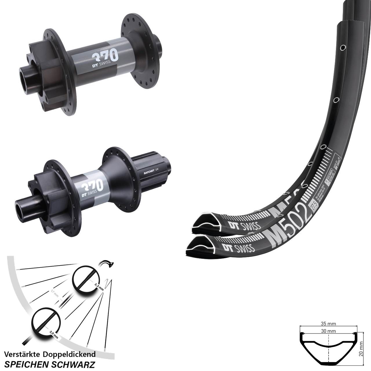 29 Zoll DT Swiss M 502-370 Laufrad-Satz 15x110 12x148 Boost 6-Loch 8-11 fach