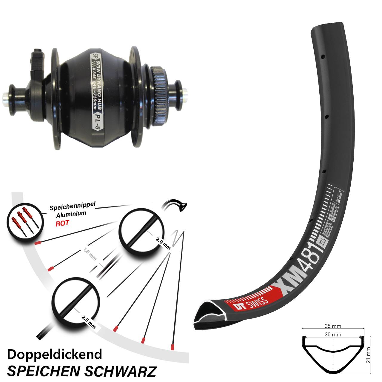 Disc Nabendynamo-Laufrad 27,5 Zoll DT Swiss XM481 Shutter PL-8 für Schnellspanner