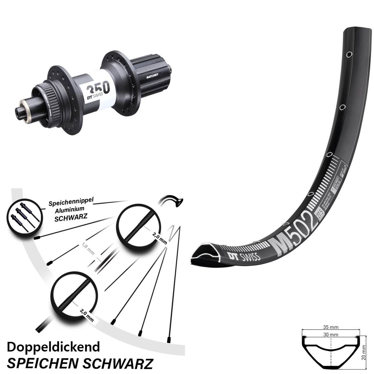 27,5 Zoll DT Swiss M502-350 Disc Hinterrad für Schnellspanner 8-11 fach HG