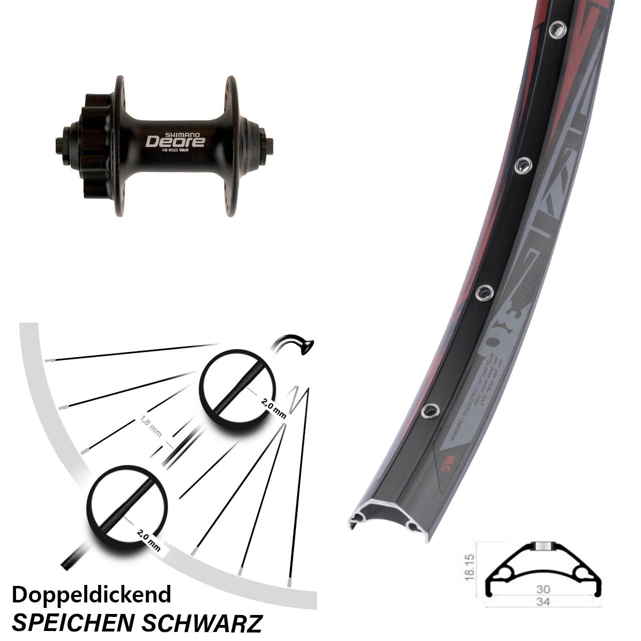 Vorderrad 6-Loch 29 Zoll Rodi TRYP 30 Shimano Deore HB-M525 für Schnellspanner