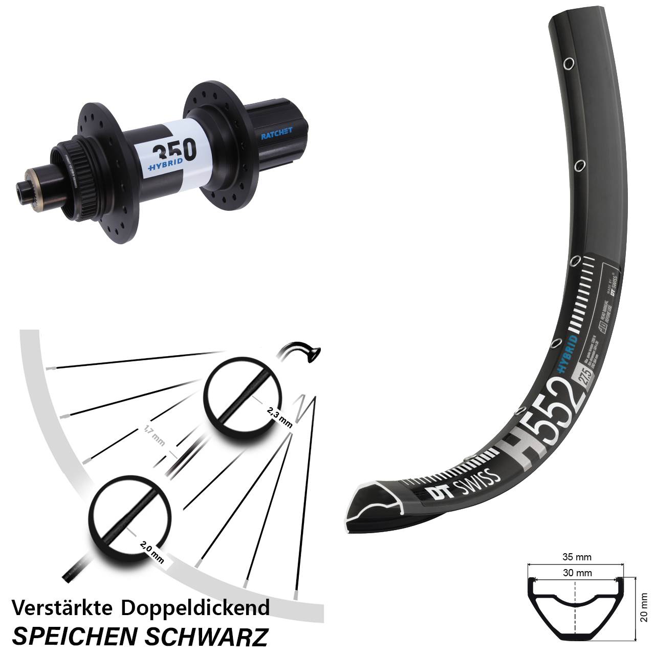Hinterrad Centerlock für Schnellsp. 27,5 Zoll DT Swiss H 552-350 Hybrid 8-11 fach