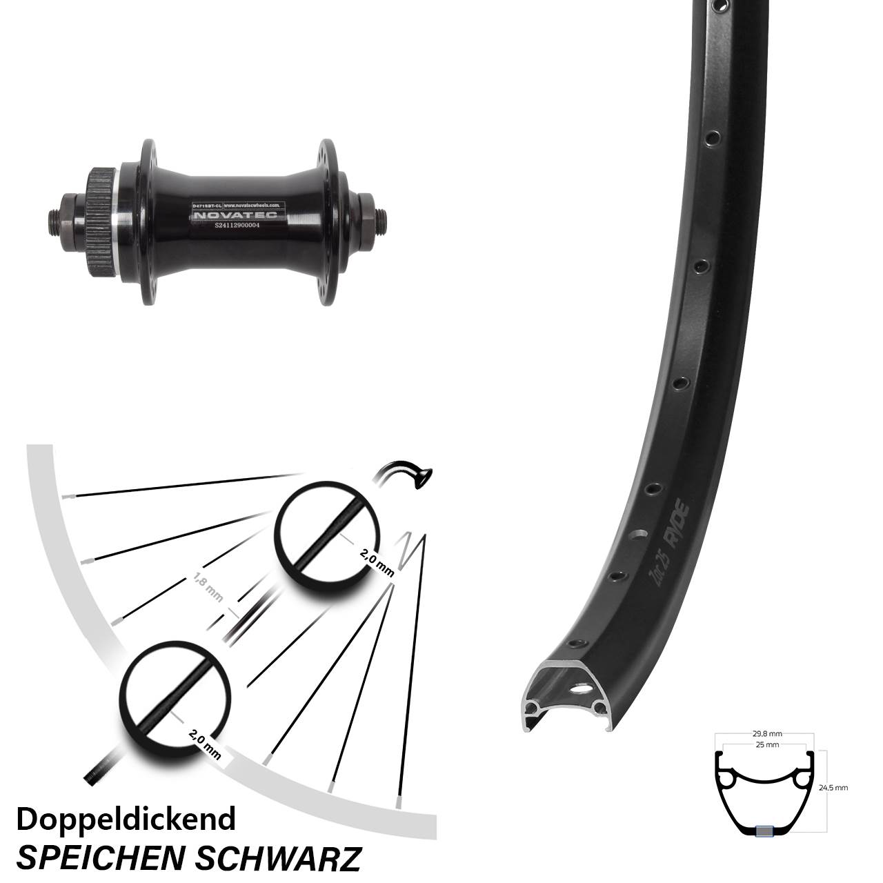 29 Zoll Ryde ZAC 25 Novatec D471 Centerlock Vorderrad für Schnellspanner